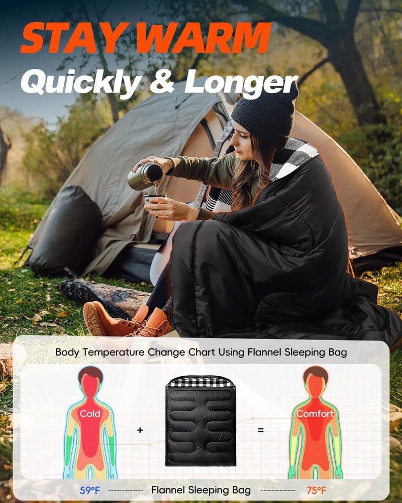 Mereza Flannel Double Sleeping Bag for Adults Cold Weather, XL Queen Size Sleeping Bag for All Season 2 Person Big and Tall Sleeping Bags for Camping 0 Degree with Pillow - Image 5